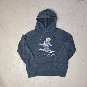 'Polo Ralph Lauren' polo bear faded/distressed dark grey hoodie sweatshirt L